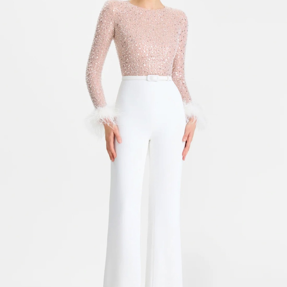 Nadine Merabi Amelia Sequin Feather-Sleeve Jumpsuit S/M